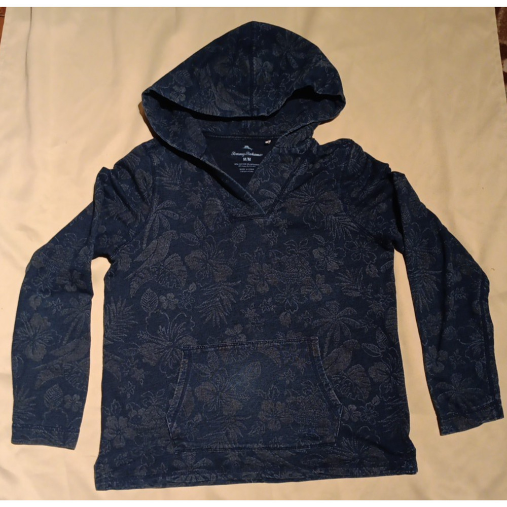 Tommy Bahama Women Medium Sweater All Over Print Floral Hooded V-Neck Navy Blue - Picture 3 of 5
